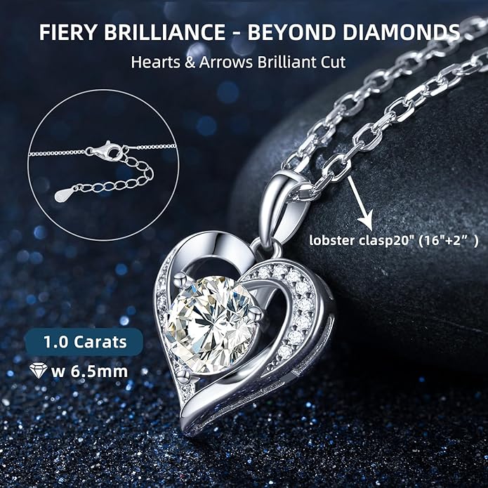 Moissanite Necklace for Women 1.0ct D Color, Sterling Silver Heart Necklace, Anniversary Gifts for Women, Making It A Perfect Gift for Your Wife, Girlfriend Mom