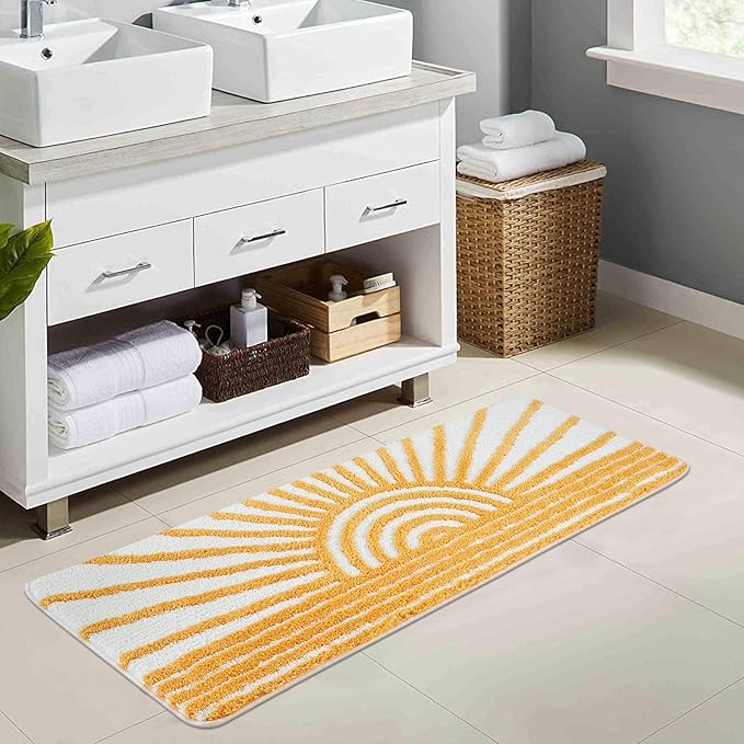 Uphome Boho Bathroom Runner Yellow and White Sun Long Bathroom Rugs Non Slip Water Absorbent Microfiber Bath Mat Modern Minimalism Machine Washable Bath Rugs for Bathtub Sink Shower, 18x47 inch