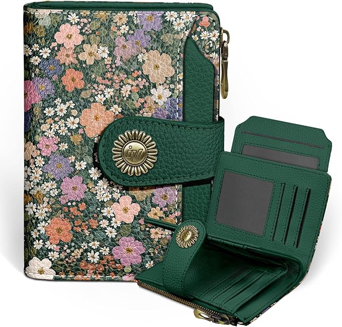 Floral Flowers Small Wallet Women RFID Blocking Bifold, Credit Card Holder, Zipper Coin Pocket, PU Leather, Compact, Travel, 4 ID Window, 14 Card Slots, Cash Purse, Ladies Woman Female Girls