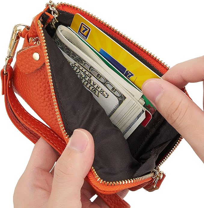 Genuine Leather Coin Purse for Women with Large Opening & Wrist Strap Navy (Orange)