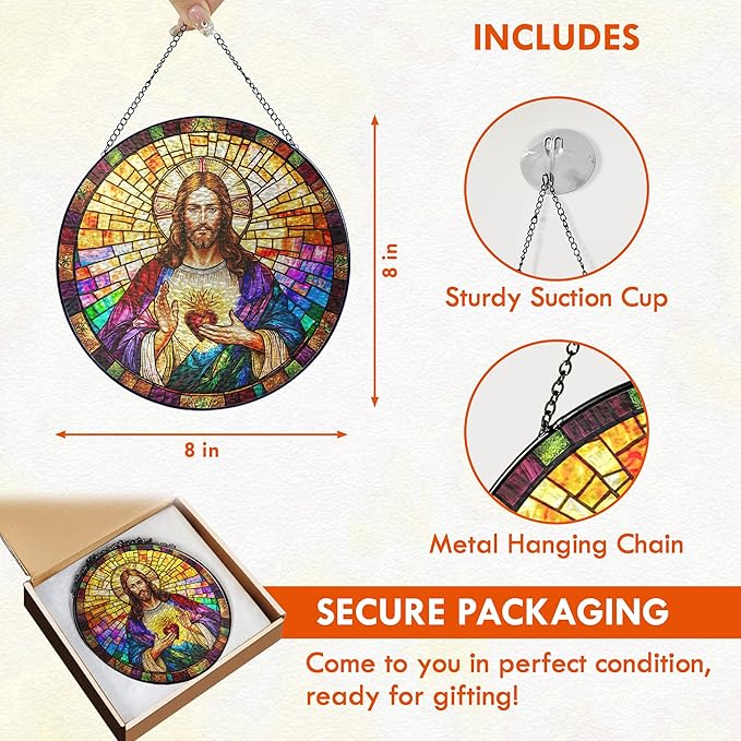 FLAGWIX Christian Gifts for Women Faith - Sacred Heart Stained Glass Window Hanging 8 in - Birthday Catholic Religious Gifts, Suncatchers Windows Hanging, Spiritual Suncatcher Home Garden Decor