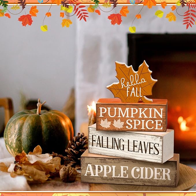 4 Pcs Fall Decor Wooden Maple Leaf Decoration Thanksgiving Tiered Tray Decor Rustic Wooden Maple Leaf Block Sign Thanksgiving Table Centerpiece Farmhouse for Autumn Harvest Party Home Kitchen