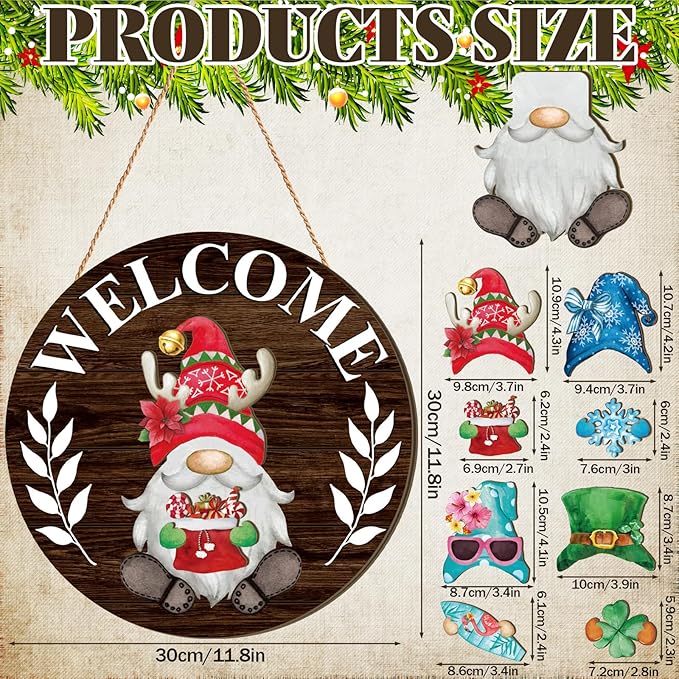 Qunclay Interchangeable Wooden Gnome Decor Holiday Seasonal Gnome Decorations with Magnet Pieces and Detachable Hats Changeable Welcome Sign for Home(Dark Brown)