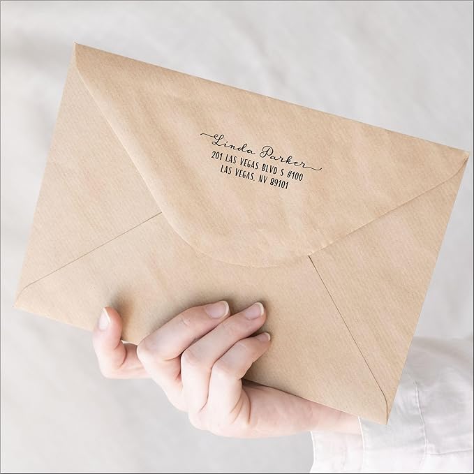Return Address Stamp - Custom Personalized Self Inking Rubber Stamper, pre Inked with Black Ink - Delightful Calligraphy with Tails - for Wedding Invitation Envelope