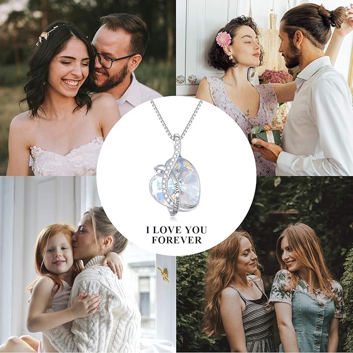 AOBOCO I Love You Sterling Silver 12 Birthstone Heart Pendant Necklace Embellished with Crystals from Austria, Mother's Day Anniversary Birthday Jewelry Christmas Gifts for Women Grandma Nana