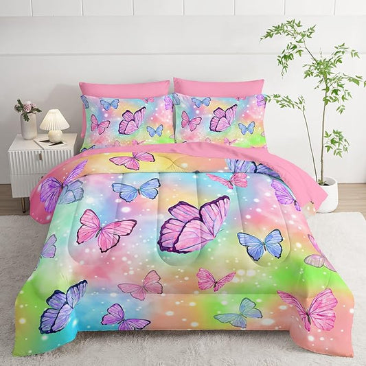 7Pcs Comforter Set Rainbow Butterfly Printed Bedding Set with 1 Comforter, 1 Flat Sheet, 1 Fitted Sheet and 4 Pillowcases for Boys and Girls Bedroom All Season(Full)