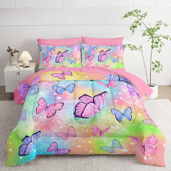 7Pcs Comforter Set Rainbow Butterfly Printed Bedding Set with 1 Comforter, 1 Flat Sheet, 1 Fitted Sheet and 4 Pillowcases for Boys and Girls Bedroom All Season(Queen)