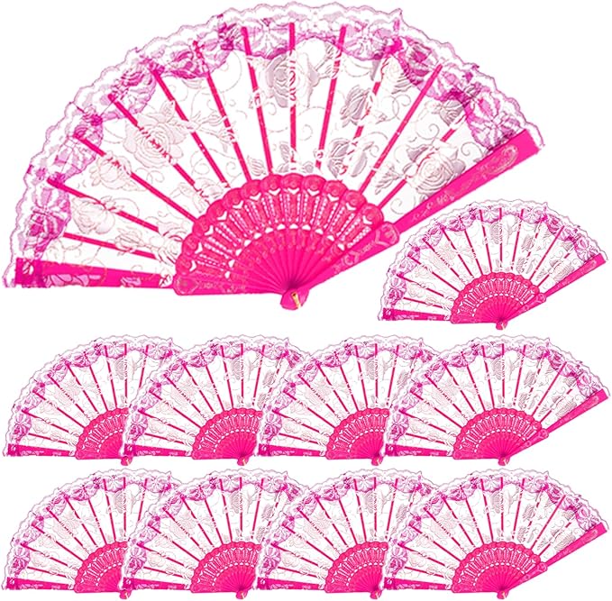 QIRMIZI 30pcs Silk Folding Hand Fans,Silk Fans,Deeppink Rose Fans,Perfect for Weddings, Parties, and Dancing,Deeppink