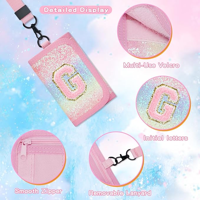 Christmas Gifts for Girls 3 4 5 6 7 8 9 10 11 12 Years Old Kids Wallet Cute Initial Coin Purse Toddler Wallet with Magic Sticker (Shiny Rainbow, G)