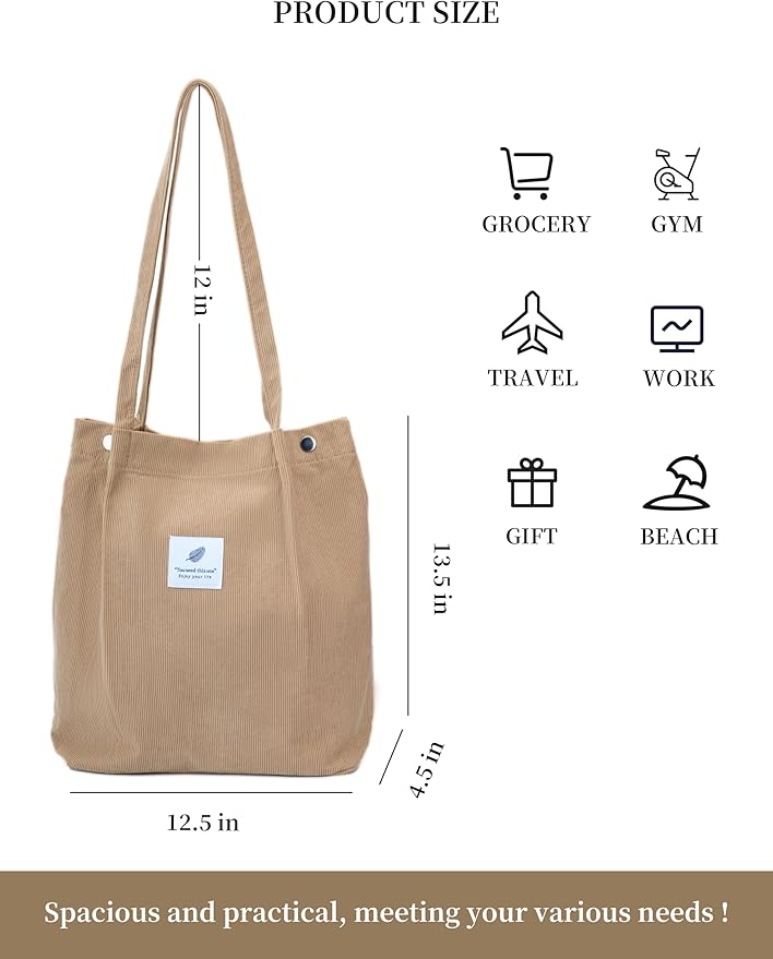 Corduroy Tote Bag Cute Tote Bags for Women Shoulder Bag with Inner Pocket for Work Beach Travel and Shopping Grocery