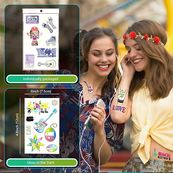 Rock and Roll Temporary Tattoos for Women Teens, Y2K 90s Music Party Favors, Waterproof Fake Tattoo Stickers with Guitar Skull Cassette Graffiti Designs for Concert Festival Rave Accessories