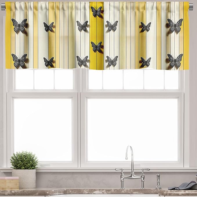 Ambesonne Butterfly Window Valance Pack of 2, Summer Tone Lines Wingy Animals with Faded Effect Print Country Vibe, Rod Pocket Curtain Valances Kitchen Bedroom, 42" X 18",Yellow Reseda Green Beige