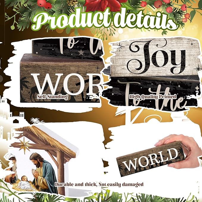 4 Pcs Christmas Table Decor Wooden Christian Religious Decoration Nativity Scene Centerpiece Joy to the World Tiered Tray Decor Farmhouse Xmas Decoration for Kitchen