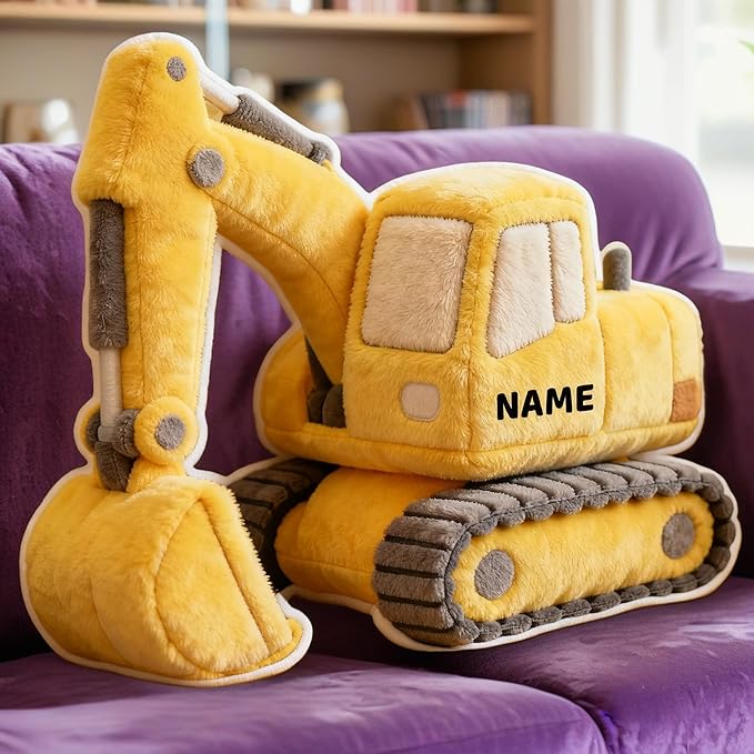 Personalized Excavator Shaped Pillow, Custom Name Plush Stuffed Pillows, Suitable for Beds, Sofas, Bedrooms, Living Rooms Custom Decorative Cushion Gifts for Birthday and Anniversary