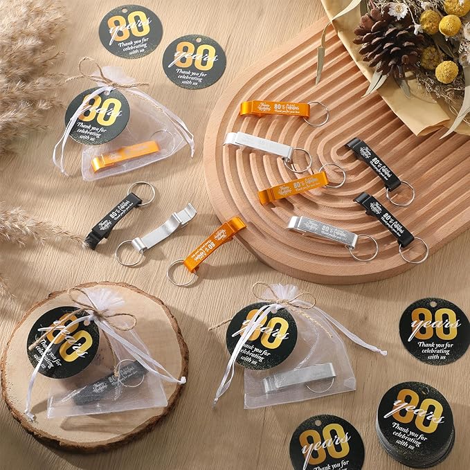 Dandat 54 Sets 80th Birthday Party Favors for Guests Birthday Beer Opener Keychain Cheers to 80 Bottle Opener Keychain with Thank You Cards and Gift Bags for Anniversary Wedding Party Favors