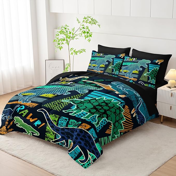 AILONEN Kids Dinosaur Comforter Set Queen, 7-Piece Cartoon Dinosaur Bed in a Bag for Boys, Green Graffiti Soft Comforter & Fitted Sheet with Flat Sheet & 2 Pillowcases, 2 Pillow Shams