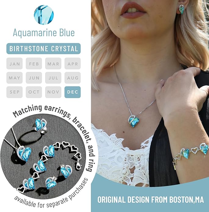 Leafael Valentine's Day Gift Necklaces for Women, Infinity Love Birthstone Heart Crystal Pendant, Birthday Anniversary Jewelry for Wife, Mom, and Her, Silver Plated, 18" + 2" Adjustable Chain