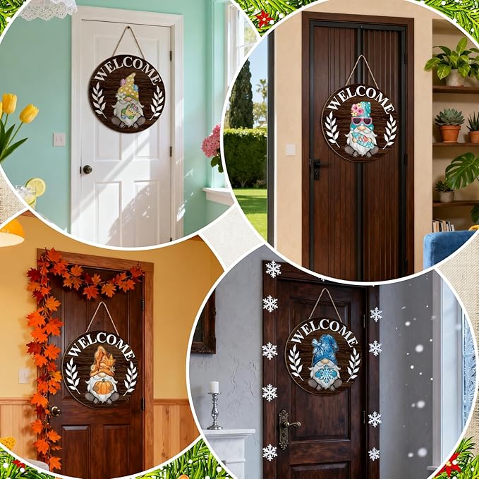 Qunclay Interchangeable Wooden Gnome Decor Holiday Seasonal Gnome Decorations with Magnet Pieces and Detachable Hats Changeable Welcome Sign for Home(Dark Brown)