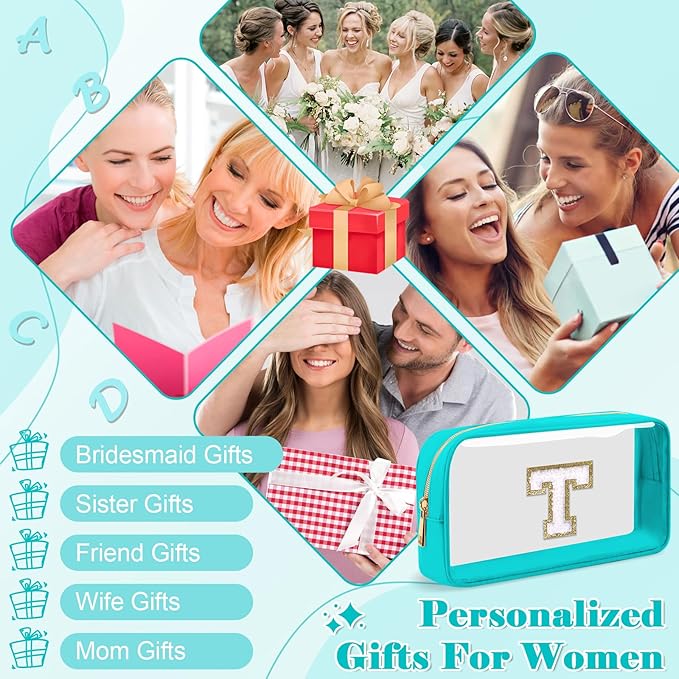 Personalized Initial Letter Clear Makeup Bag,Preppy Small Nylon&PVC Cosmetic Zipper Bag with Chenille Letter,Portable Beach Travel Skincare Toiletry Bag,Trendy Monogram Gift for Teen Girls Women,T