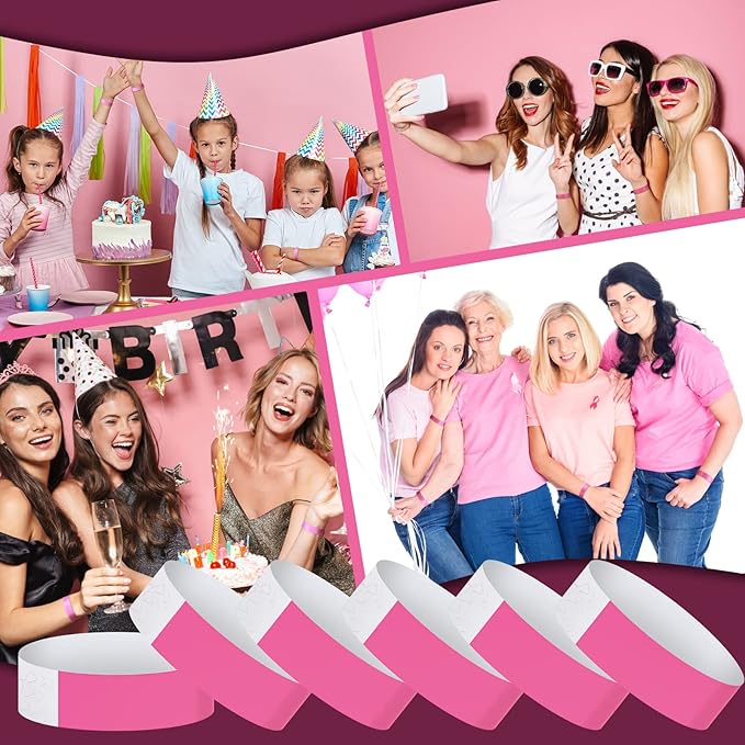 Tudomro 1200 Pack Plastic Paper Wristbands for Events Neon Party Wrist Bands Colored Waterproof Concert Identification Hand Bands Lightweight Adhesive Wristband(Pink)