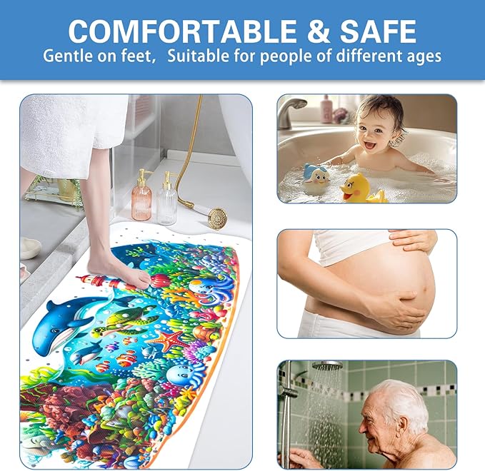 Kids Bath Mat with Ocean Theme Design, 40x16 inches, Non-Slip with 200 Suction Cups, Cartoon Sea Animals Pattern (Turtle+Whale, 40 * 16in)