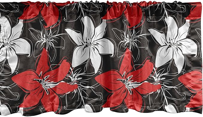 Ambesonne Floral Window Valance Pack of 2, Bedding Plants Flourishing Garden Pattern Retro Nature, Rod Pocket Curtain Valances for Kitchen Bedroom, 54" X 12", Vermilion White Black