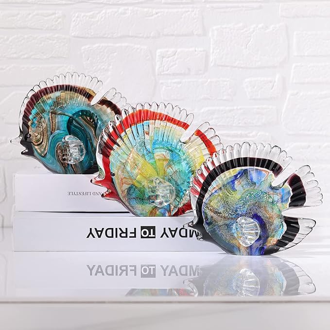 DOVDOV Blown Glass Fish Statues and Sculptures, Stained Glass Fish Modern Art for Coastal Style Home Decor, Shelves Office Fish Tank Bookcase and Entryway Entry Table Top Coffee Table.