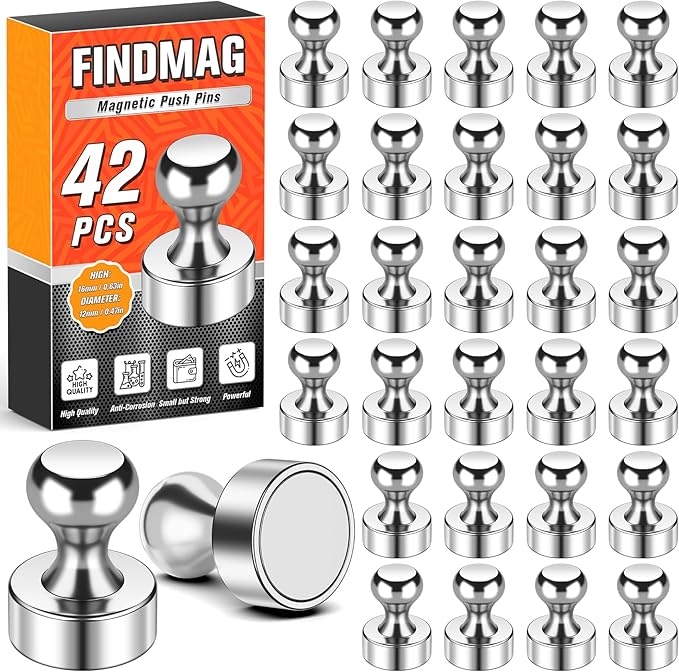 FINDMAG Fridge Magnets, Strong Neodymium Magnets Refrigerator, Heavy Duty Locker Magnet for Adults, Cool Push Pins Magnet for Kitchen, Office, Whiteboard, Classroom Organization, 42 Pack (Silver)