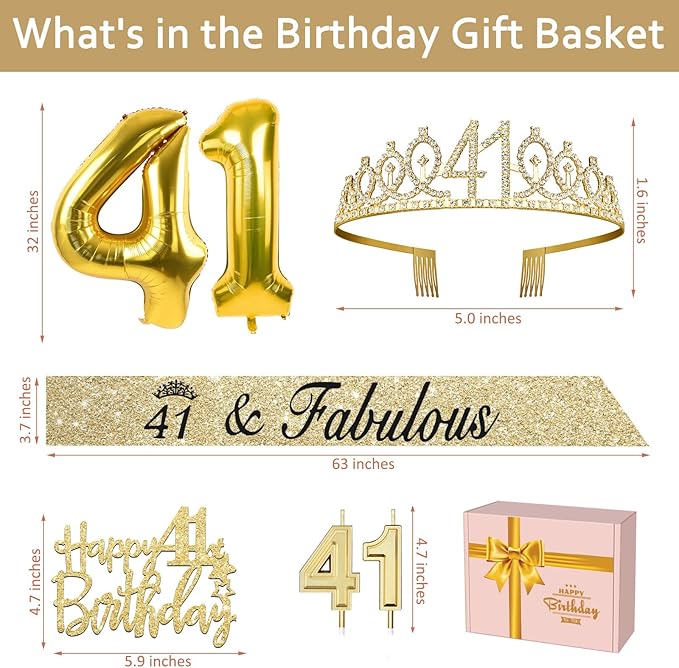 41st Birthday Decorations for Women Gold with 41st Birthday Sash and Tiara, Cake Topper and Candles, Number Balloons, 41 Year Old Gifts for Women