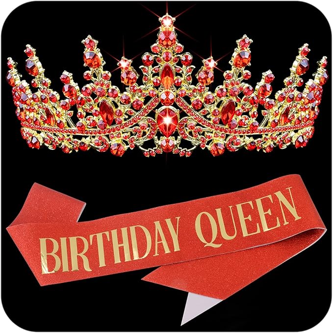 COCIDE Red Birthday Sash and Crown for Women - Crystal Tiaras Decorations for Girl,Glitter Rhinestone Gifts Headband Sashes Decor,Coronas for Queen,Happy Birthday Accessories Party Favors
