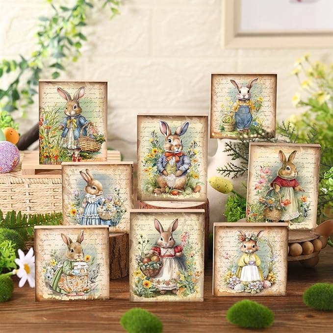Wenqik 8 Pcs Vintage Easter Decorations Retro Bunny Egg Wooden Sign Easter Table Centerpiece Rustic Ornaments Tiered Tray Decor Sign for Spring Home Tabletop Fireplace Decorations Supplies, 8 Styles