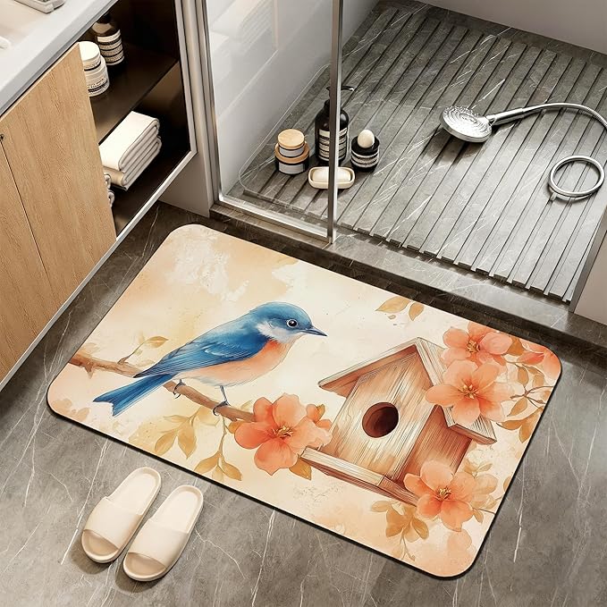 Bath Mat,Blue Bird Bathroom Rugs,Quick-Drying Non-Slip Rubber Bath Mats Fall Leaves Absorbent Diatomaceous Earth Mat for Bathroom Home Decor 17"x29.5"