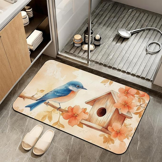 Bath Mat,Blue Bird Bathroom Rugs,Quick-Drying Non-Slip Rubber Bath Mats Fall Leaves Absorbent Diatomaceous Earth Mat for Bathroom Home Decor 17"x29.5"
