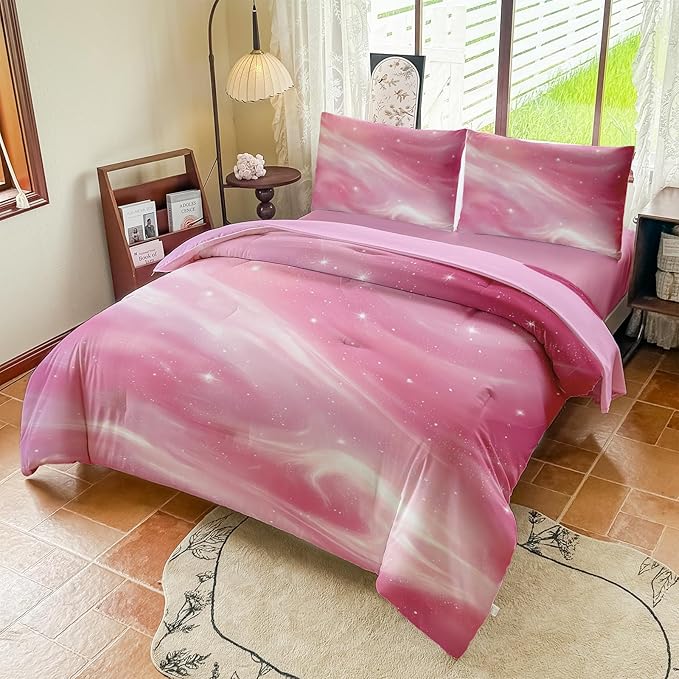 Full Size Bedding Sets Kids Bedding Sets for Girls, Galaxy Bedding 5 Pieces Bed in A Bag Full Size, Glitter Colorful Comforter for Girls