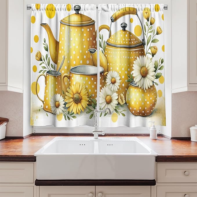 Ambesonne Sunflowers Long Kitchen Curtains, Delicate Summer Teapots and Polka Dots with Leafy Details Floral, 2 Panel Set Drapes with Rod Pocket Room Decor, 55" x 45", Mustard and Hunter Green