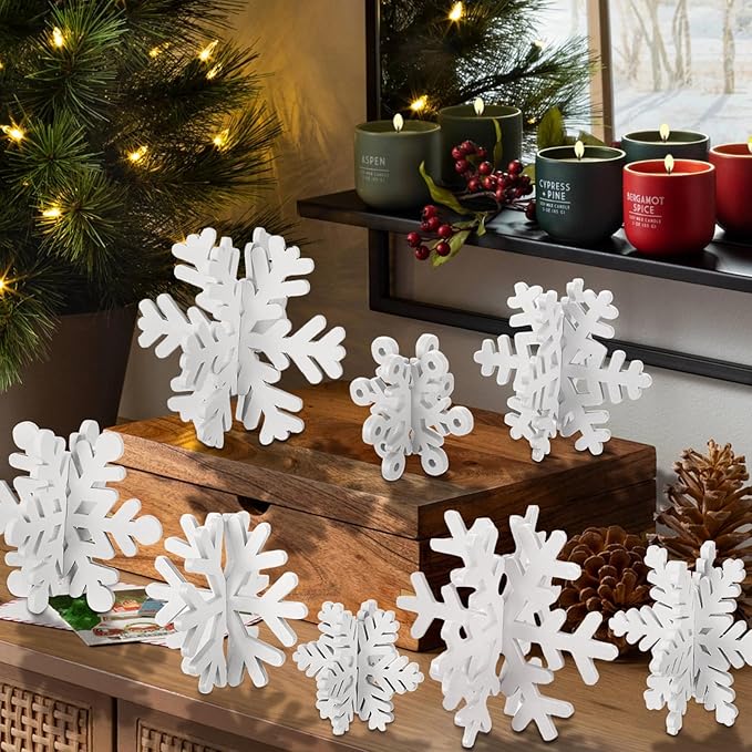 16 Pcs Wooden Snowflake Decorations, 3D White Snowflake Christmas Table Decor, Winter Christmas Table Decorations Indoor, Winter Wonderland Decor for Home Party