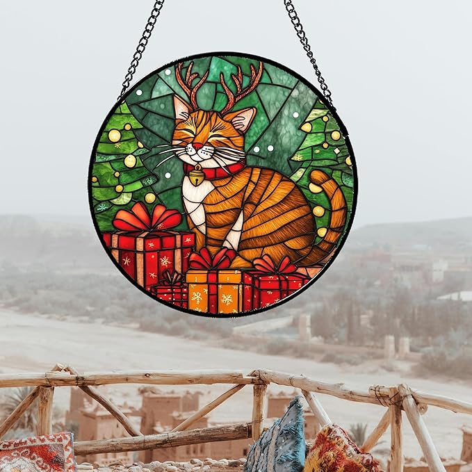 Stained Glass Window Hanging Orange Cat Elk Antler 6.3" - Suncatcher Door Garden Kitchen Sun Catcher Home Decor Birthday Gifts for Lost Pets Mom Men Woman Friend Grandma