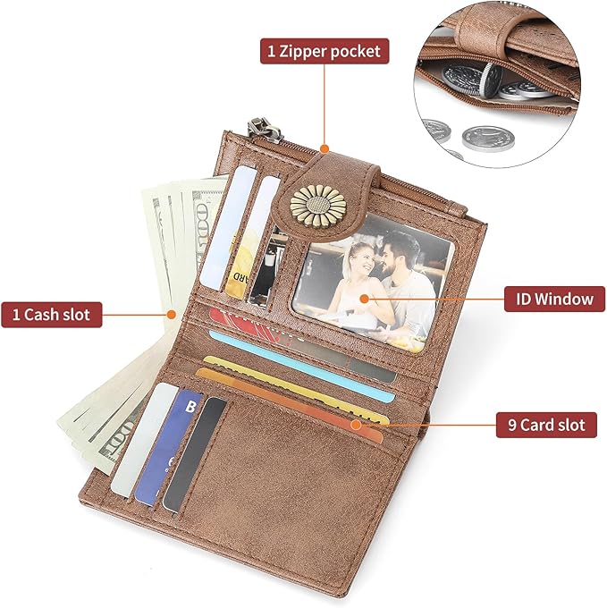 SENDEFN Small Wallets for Women Bifold RFID Blocking Leather Card Holder Compact Wallet with Zipper Coin Pocket