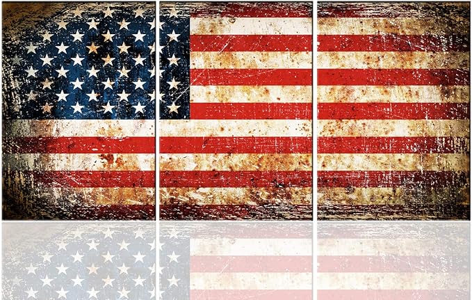Wall Art for Living Room Native American Flag Red Pictures Star Stripes Patriotic Paintings 3 Piece Prints Artwork on Canvas Modern House Decor Framed Gallery-Wrapped Ready to Hang(42''Wx20''H)