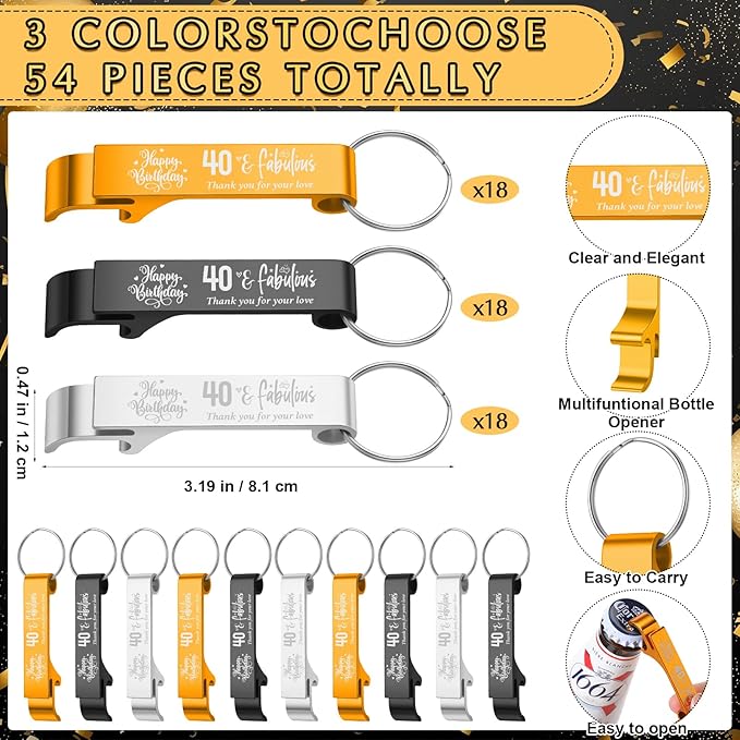 Dandat 54 Sets 40th Birthday Party Favors for Guests Birthday Beer Opener Keychain Cheers to 40 Bottle Opener Keychain with Thank You Cards and Gift Bags for Anniversary Wedding Party Favors