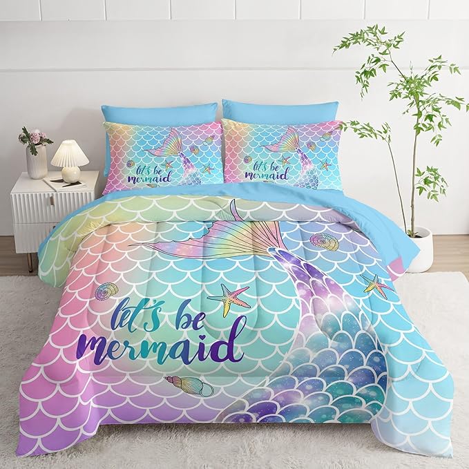 7Pcs Mermaid Tail Comforter Set Rainbow Scales Printed Bedding Set with 1 Comforter, 1 Flat Sheet, 1 Fitted Sheet and 4 Pillowcases for Girls Bedroom All Season(Full)