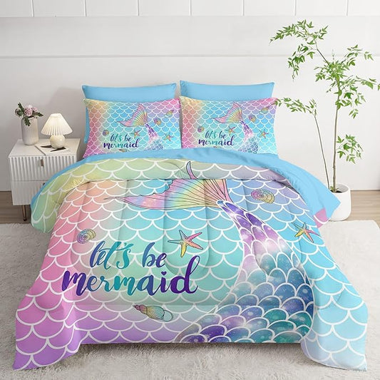 7Pcs Mermaid Tail Comforter Set Rainbow Scales Printed Bedding Set with 1 Comforter, 1 Flat Sheet, 1 Fitted Sheet and 4 Pillowcases for Girls Bedroom All Season(Queen)