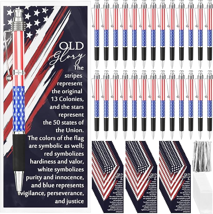 50 Sets American Flag Ballpoint Pens Bulk USA Patriotic Themed Black Ink Retractable Pen Stars Stripes Bookmarks Stationery Easter Party Gifts for Home Office Army Veterans Souvenirs