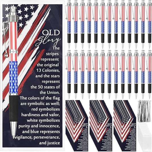 50 Sets American Flag Ballpoint Pens Bulk USA Patriotic Themed Black Ink Retractable Pen Stars Stripes Bookmarks Stationery Easter Party Gifts for Home Office Army Veterans Souvenirs