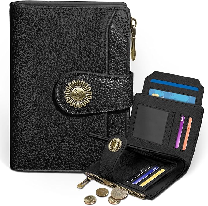 Black Small Wallet Women RFID Blocking Bifold, Credit Card Holder, Zipper Coin Pocket, PU Leather, Compact, Travel, 4 ID Window, 14 Card Slots, Cash Purse, Ladies Woman Female Girls