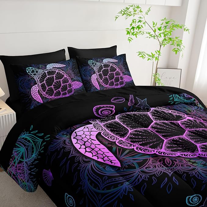 Sea Turtle Comforter Set (7 Piece) - Twin/Queen Size, Black Bedding, Teal Purple Ocean Theme, Soft Microfiber, Sheets Included