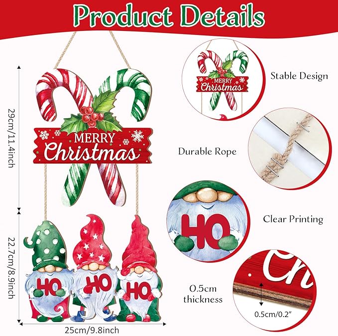 CHDITB Xmas Wooden Sign, Merry Christmas Wood Hanging Plaque, Candy Cane Holiday Front Door Sign, Dwarf Christmas Wall Art Sign Hanger, Xmas Seasonal Wall Decor for Outdoor Porch Yard Fireplace Decor