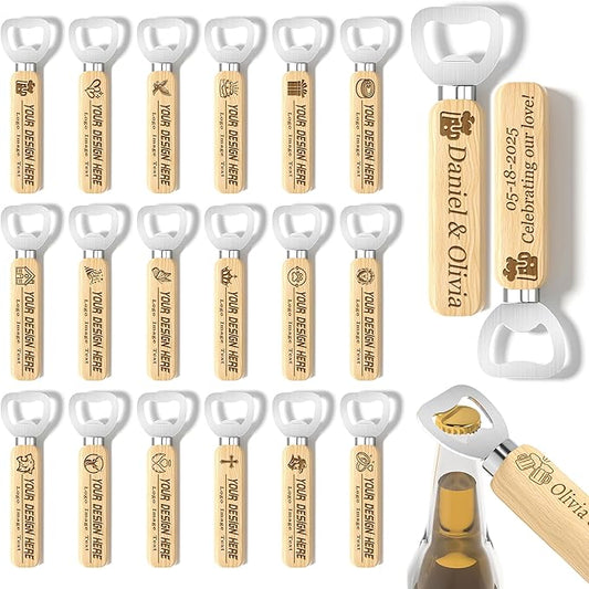 15-100 Custom Wood Bottle Opener, Personalized Wood Beer Bottle Opener with Handle Laser Engraved with Text Logo Photo for Wedding, Bar, Brewery, Anniversaries, Party, Events & Promotional Gift