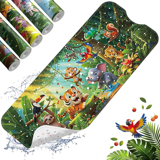 XIYUNTE Upgrade Baby Bath Mat Non Slip - 40"x16" Extra Long Kids Bath Mat for Tub Non Slip Bathtub Mat Eco-Friendly Toddler Bath Mats with Suction Cups, Machine Washable and No Fading, Animal Forest