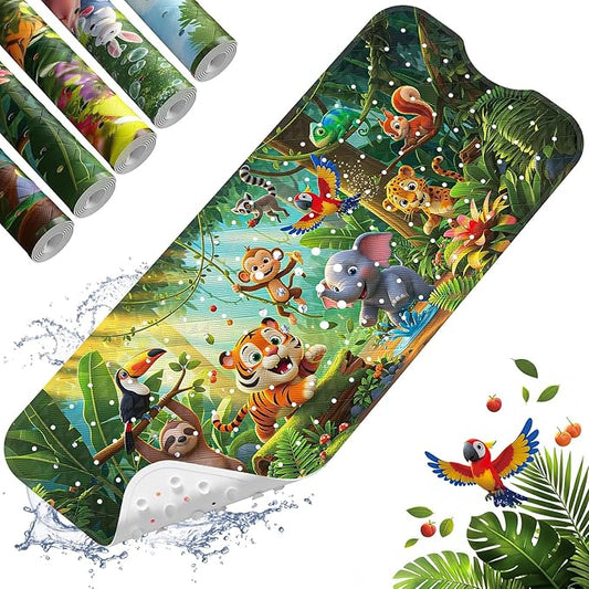 XIYUNTE Upgrade Baby Bath Mat Non Slip - 40"x16" Extra Long Kids Bath Mat for Tub Non Slip Bathtub Mat Eco-Friendly Toddler Bath Mats with Suction Cups, Machine Washable and No Fading, Animal Forest